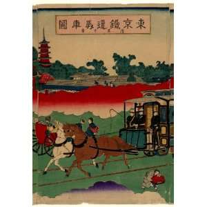 Japanese Print Toykyo tetsudo basha zu sensoji kei. TITLE TRANSLATION 