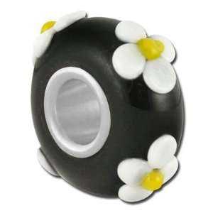  13mm Black with Dainty Flowers Large Hole Beads Jewelry