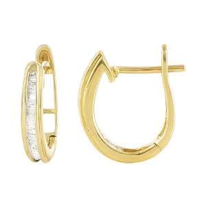   Yellow Gold 0.25CT Baguette Diamond 3mm x 13mm Hoop Earrings: Jewelry