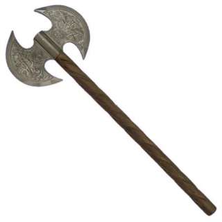 This double edge Battle Axe features a decorative medieval style 