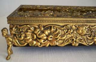 VINTAGE BRASS REPOSE’ TISSUE BOX HOLDER WITH ROSES AND BOY FEET 
