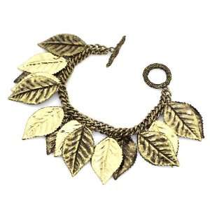 Leaf Charm Link Bracelet; 8.5L; Burnished Gold Metal; Toggle Clasp 