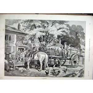  1892 Horse Cart Drinking Chickens Village Scene Hay: Home 