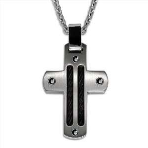   Titanium Cross Pendant Necklace with Black Cables and Black Diamonds