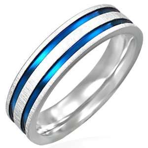  Blue and Silver Bands Stainless Steel Ring   8: Jewelry