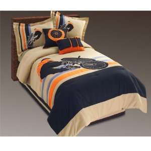   Rider Tan and Blue 3 Piece Twin Comforter Set: Home & Kitchen
