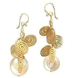  14k Gold Filled Earrings Ivory Pearls with hammered Swirls 