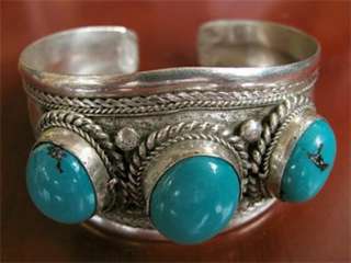 Antique Tibetan Silver Three Big Gemstones Bangle, Best Gift for Men 