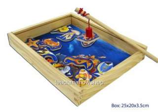 Magnetic Fishing Game Wooden Box Kids Childrens 11 Fish + Rod  