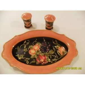 Floral Decor Platter W/ Matching Salt/ Pepper Shakers:  