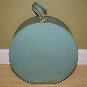 vtg round suitcase! blue train hat box case luggage! retro decorative 