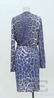 Blumarine Blue & Grey Leopard Print Silver Beaded Belt Wrap Dress 