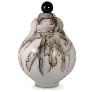  White Horse Hair Cremation Urn with Black Stone Lid: Patio 