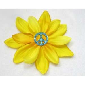  NEW Bright Yellow Flower with Blue Glitter Peace Sign Hair 