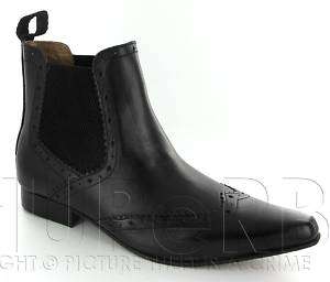 MENS POINTED BLACK LEATHER BROGUE CHELSEA BOOTS Sz 6 12  