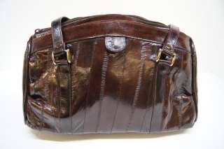 Vtg 1980s Dark Brown EEL SKIN Doctor Bag Satchel Handbag Purse 