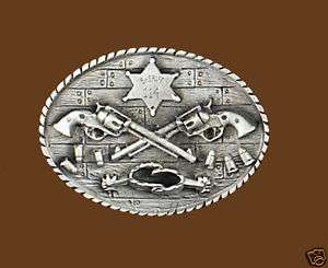 Crossed Guns & Spurs Sheriff Belt Buckle, 3 1/4x2 1/2  