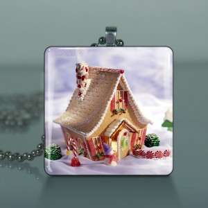 Christmas Gingerbread House Glass Tile Pendant C25  