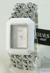 GUESS STEEL Chain Logo Womens Watch with White # W95131L1 NWT  