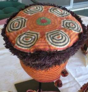 Antique African Cameroon hat , wool, weaving, feathers  