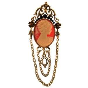 Cameo Pin with Chain Drape And Rhinestones with Gold Finish
