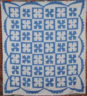 Vintage 30s Blue & White Applique Hand Stitched Antique Quilt Top 