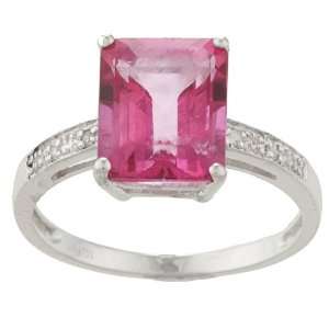   White Gold Emerald Cut Pink Topaz and Diamond Ring   size 7 Jewelry
