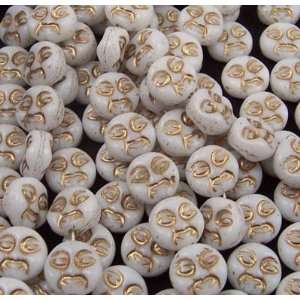  Czech Glass 9mm Moon Face Beads   25pc Opaque White with 