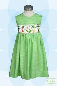 Hand Smocked Elf Girls Green Check Dress 1 8 Cotton  