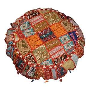  Indian Designer Round Shape Otto Cushion Cover With Patch 