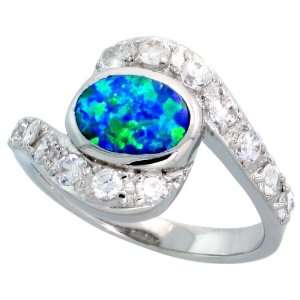 com Sterling Silver, Oval Shape Synthetic Opal Ring, w/ Brilliant Cut 