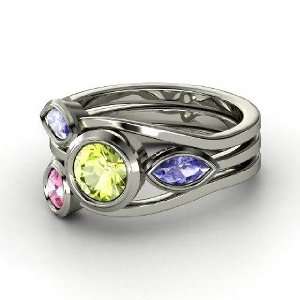  Vine Ring Set, Round Peridot Sterling Silver Ring with 