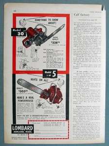 1953 Lombard Chain Saw Ad MODEL 30 AND MODEL 5 SOMETHING TO CROW ABOUT