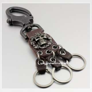 Cool Genuine Leather Handmade Skull Key Ring Keychain D008  