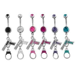 Sliver Gun and Handcuff with Turquoise Colored Jewels Belly Ring   14g 