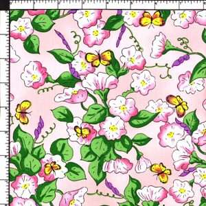 Morning Glory Flowers & Butterflies Pink Cotton Fabric  