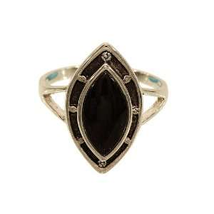  Silvertone Fashion Ring with Marquis Shape Genuine Onyx 