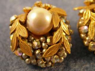 Vintage Antique Signed JONNE Fancy Rhinestone Pearl Earrings Baroque 