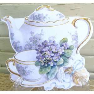   Birthday Card Tea Pot, Cup and Saucer, Violets