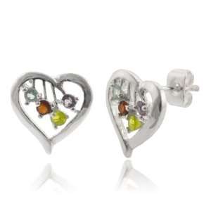    Sterling Silver Multiple Gemstone Heart Stud Earrings: Jewelry