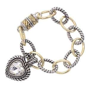  Duo Tone Silver Gold Crystal Heart Link Toggle Bracelet Jewelry