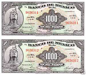 Mexico $ 1000 Pesos Cuauhtemoc Feb 17, 1965 UNC.  