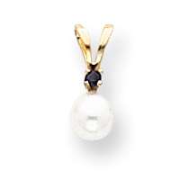 NEW 14k Gold 4mm White Cultured Pearl &Sapphire Pendant  