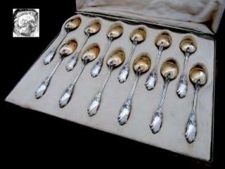Antique French Sterling Silver Tea Spoons Set 12 pc box  