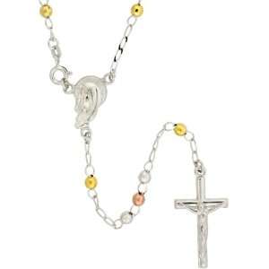   Bead Rosary Necklace, 3 Tone (Rhodium, Yellow Gold & Rose Gold Finish