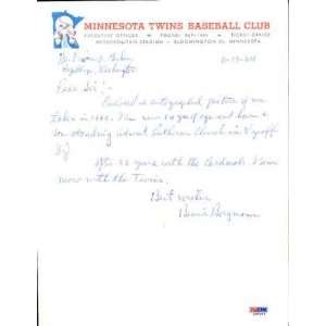 Bennie Borgmann Twins Scout Signed Letter PSA COA Rare   MLB Cut 