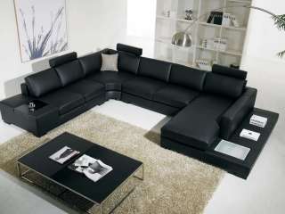 Modern Black U Shaped Leather Sectional Sofa w/ Lights  
