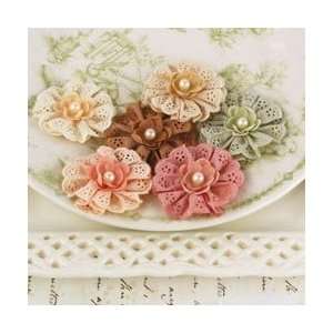 Prima Manette Fabric Eyelet Flowers With Pearls 1.5 6/Pkg 