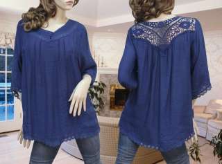 SEXY BLUE PLEATED EYELET LACE TUNIC TOP #719 L XL XXL  