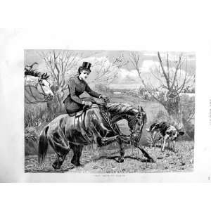  1886 Antique Print Lady Hunting Horse Hounds River: Home 